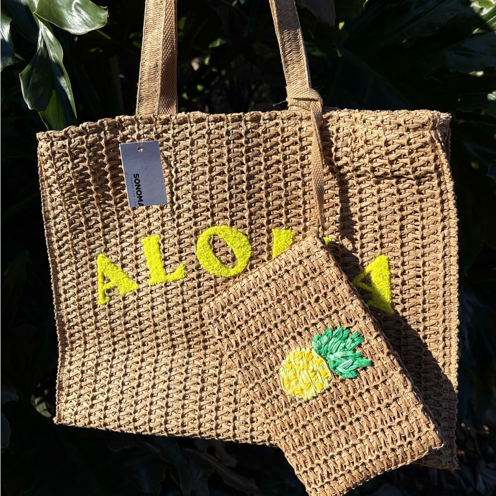 Aloha Sonoma Straw Tote Wristlet Set NWT Beach Bag Yellow Pineapple Embroidered